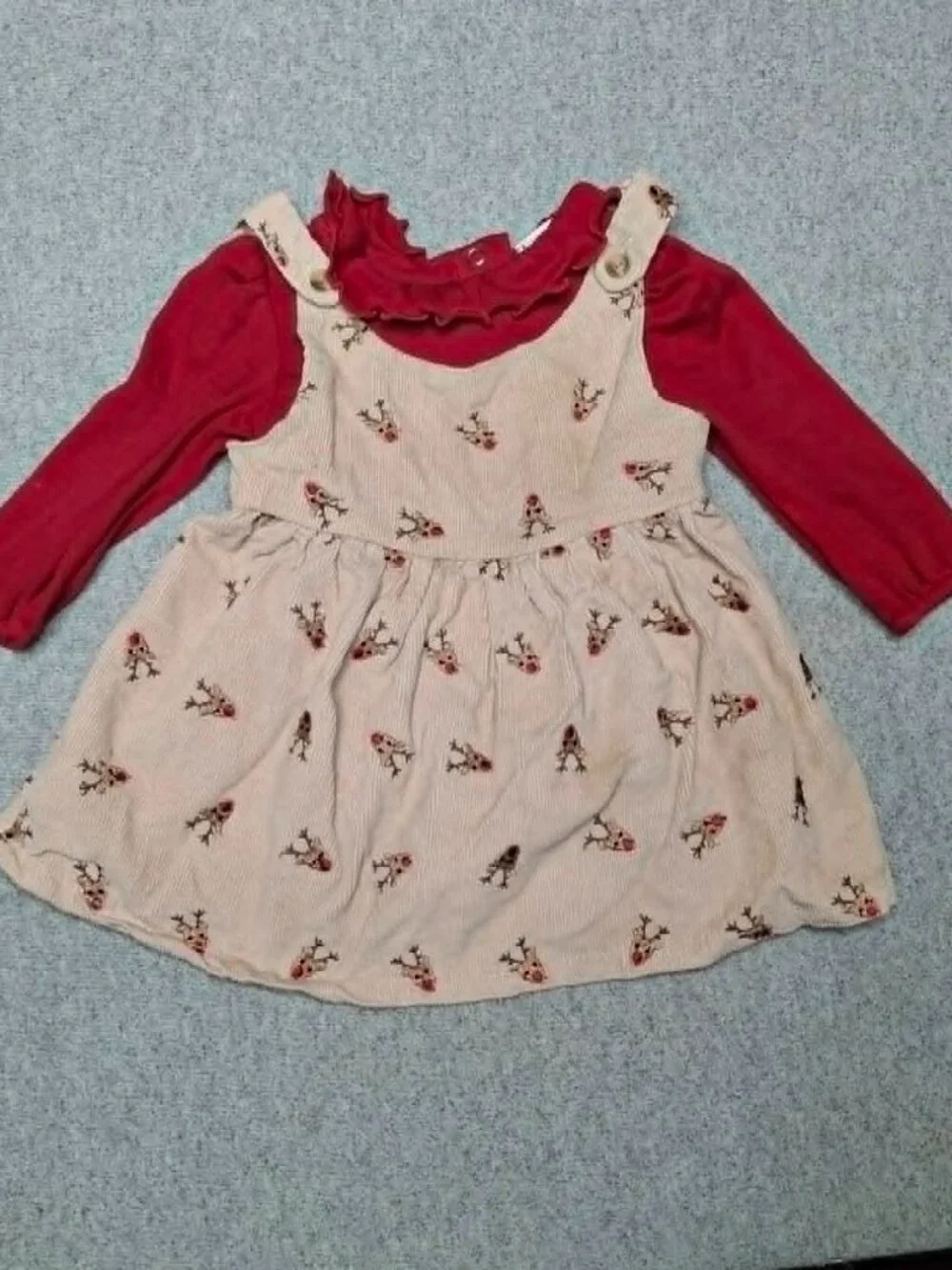 12M Baby Girl Christmas Reindeer Dress Set| Holiday Pinafore Long Sleeve